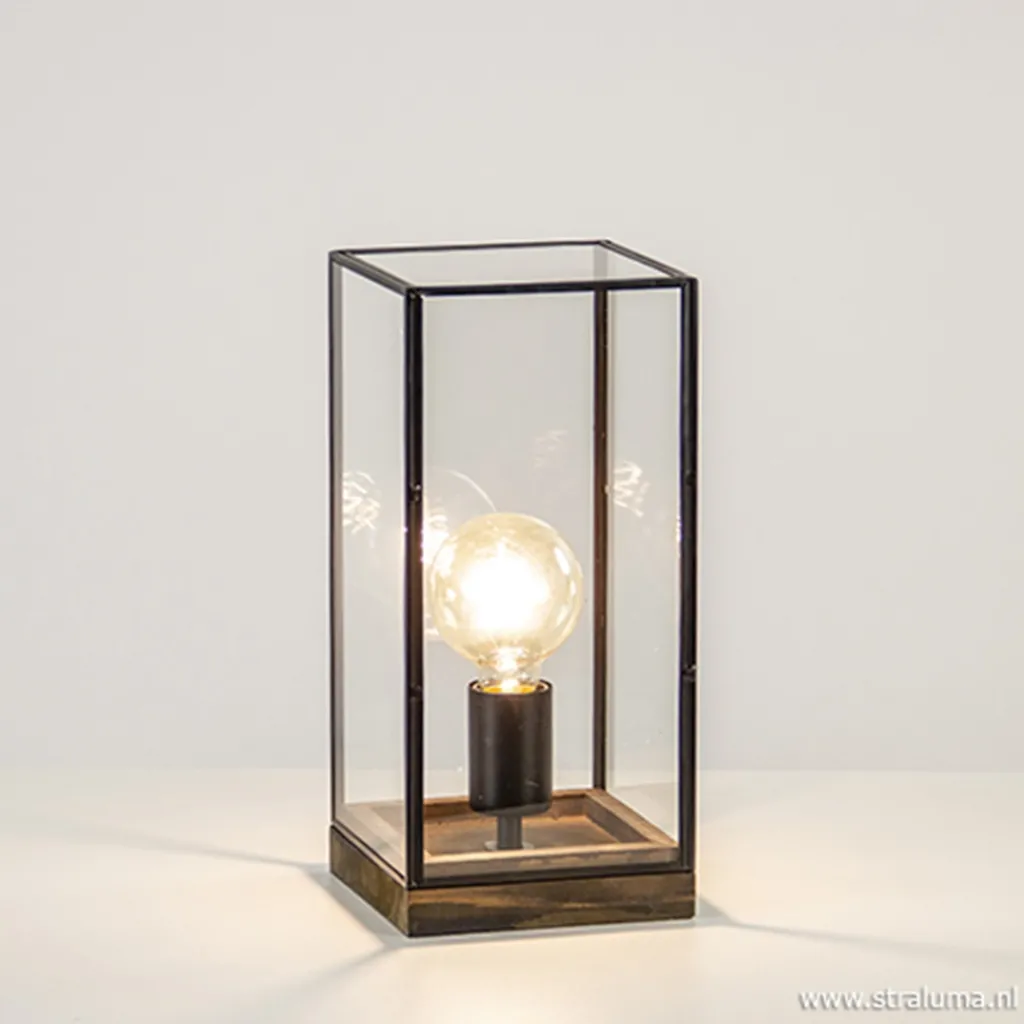 Straluma Glazen tafellamp Askjer hout met zwart> Light and Living|Woonkamerlampen