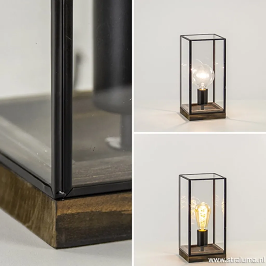Straluma Glazen tafellamp Askjer hout met zwart> Light and Living|Woonkamerlampen