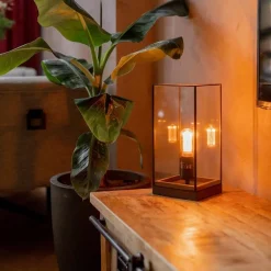 Straluma Glazen tafellamp Askjer hout met zwart><noscript><img width=