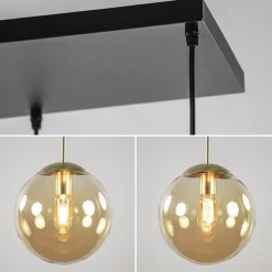 Straluma Grote 6-lichts eettafelhanglamp messing met amber glazen bollen><noscript><img width=