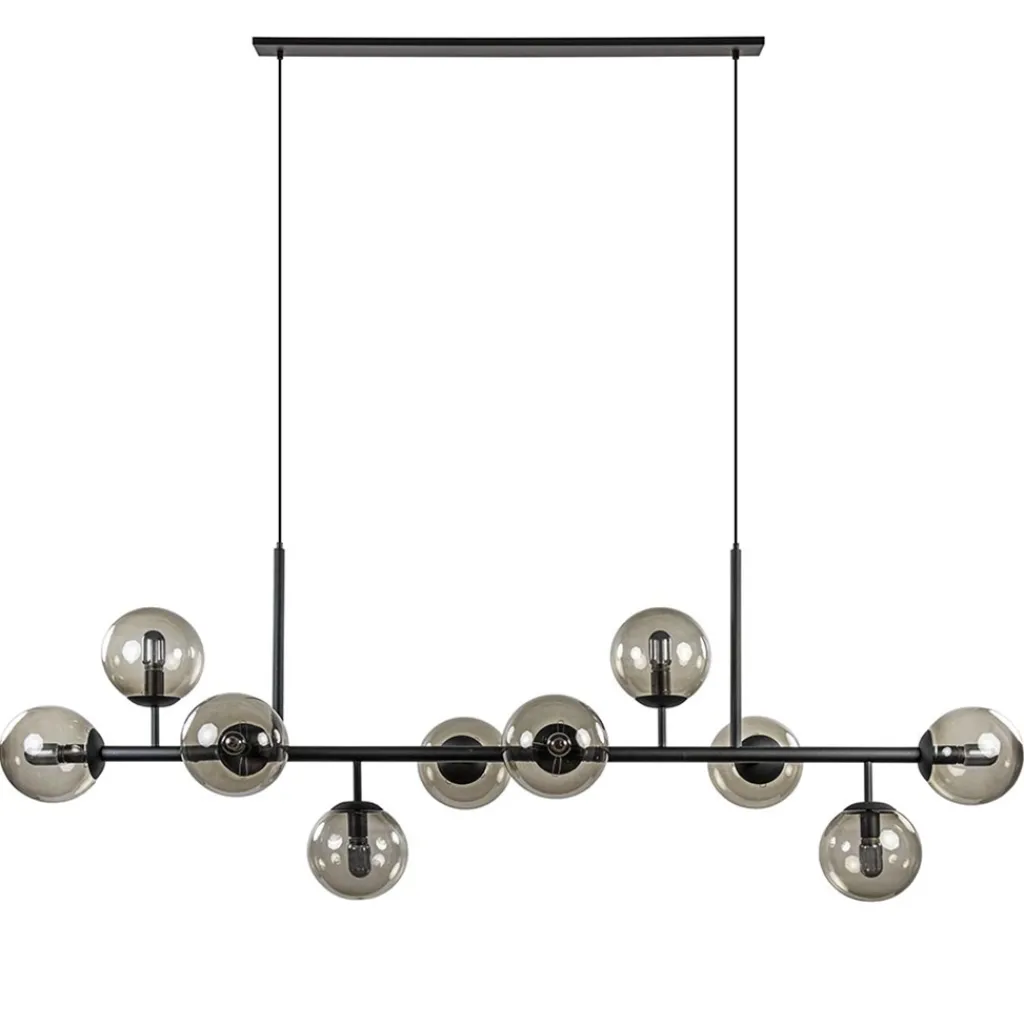 Straluma Grote 10-lichts hanglamp mat zwart met smoke glazen bollen> Eettafellampen|Keukenverlichting