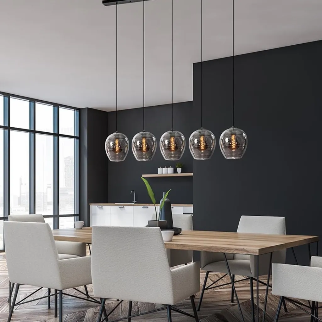 Straluma Hanglamp balk zwart 5-lichts smoke glas> Eettafellampen|Pendel Lampen