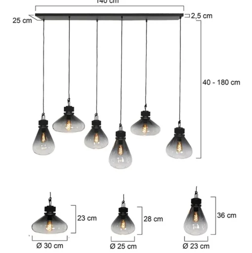 Straluma Hanglamp Flere 6L zwart smoke/clear glas> Eettafellampen|Pendel Lampen