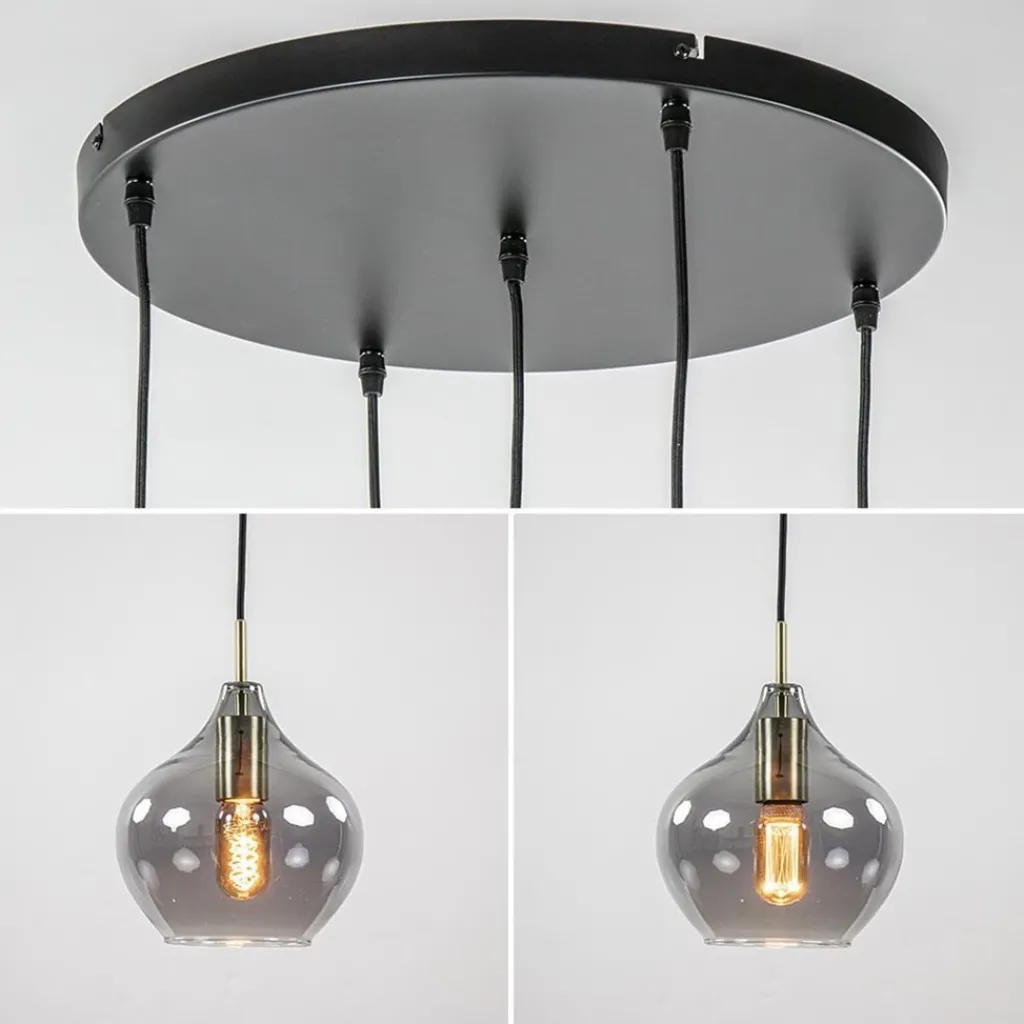 Straluma Hanglamp Rakel 5L rond antiek brass + smoke glas> Eettafellampen|Light and Living