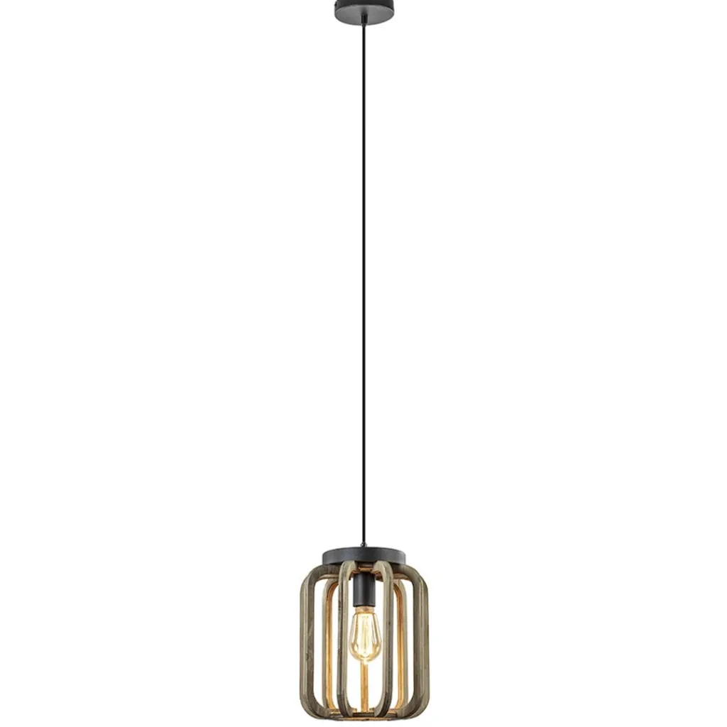 Straluma Industrieel landelijke hanglamp mat zwart met ruw hout> Kooilampen|Woonkamerlampen