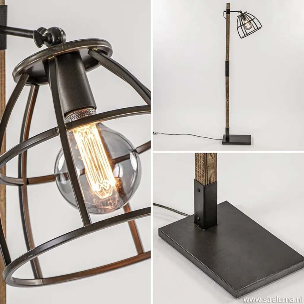 Straluma Industrieel landelijke vloerlamp Matrix hout met metalen korf> Kooilampen|Slaapkamerlampen