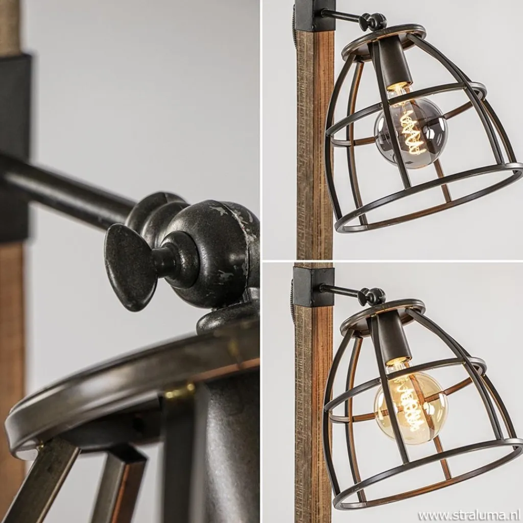 Straluma Industrieel landelijke vloerlamp Matrix hout met metalen korf> Kooilampen|Slaapkamerlampen