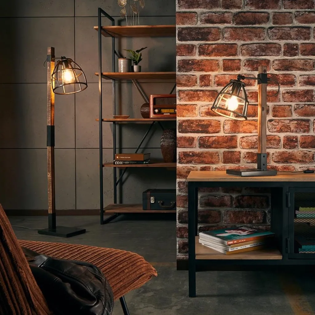 Straluma Industrieel landelijke vloerlamp Matrix hout met metalen korf> Kooilampen|Slaapkamerlampen