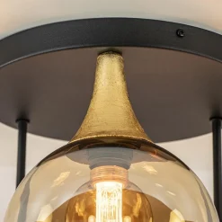 Straluma Klassieke plafondlamp zwart/goud met amber glas><noscript><img width=