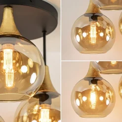 Straluma Klassieke plafondlamp zwart/goud met amber glas><noscript><img width=