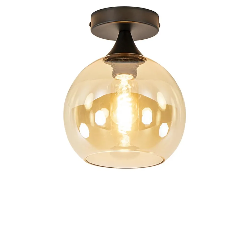 Straluma Kleine plafondlamp zwart met amber glazen bol> Plafondlampen|Klassieke Verlichting