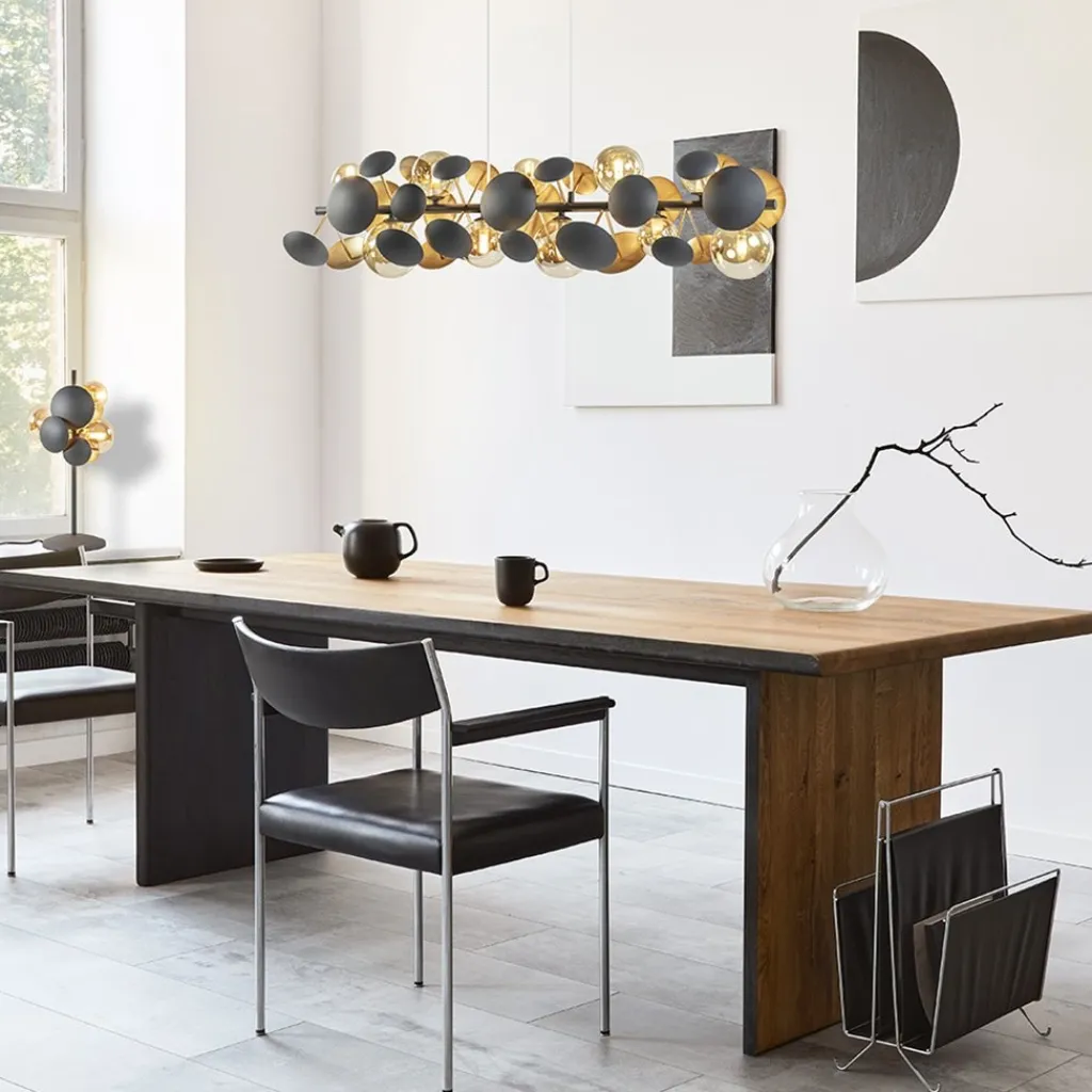 Straluma Langwerpige hanglamp grijs/goud + amber glas> Hanglampen|Eettafellampen