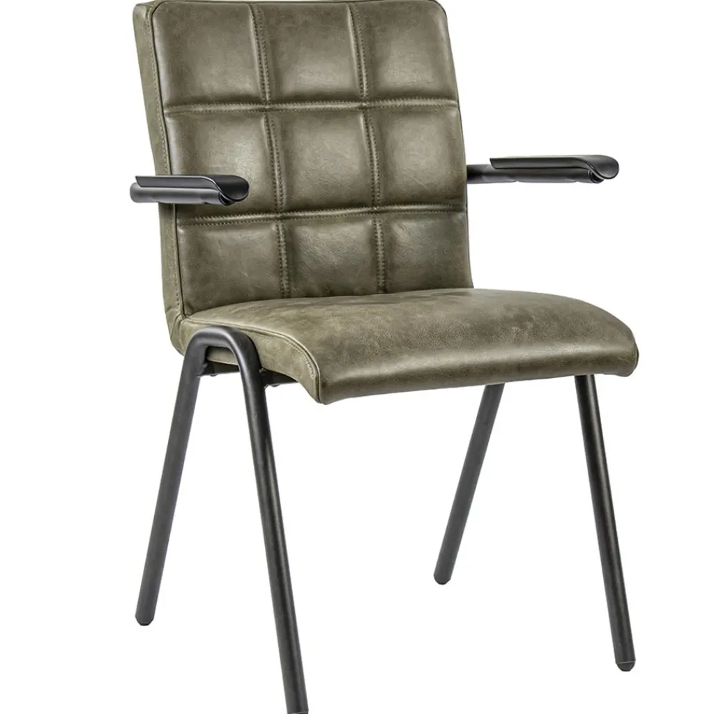 Straluma Lederen armstoel olijf groen met zwart metalen pootjes> Eetkamerstoelen
