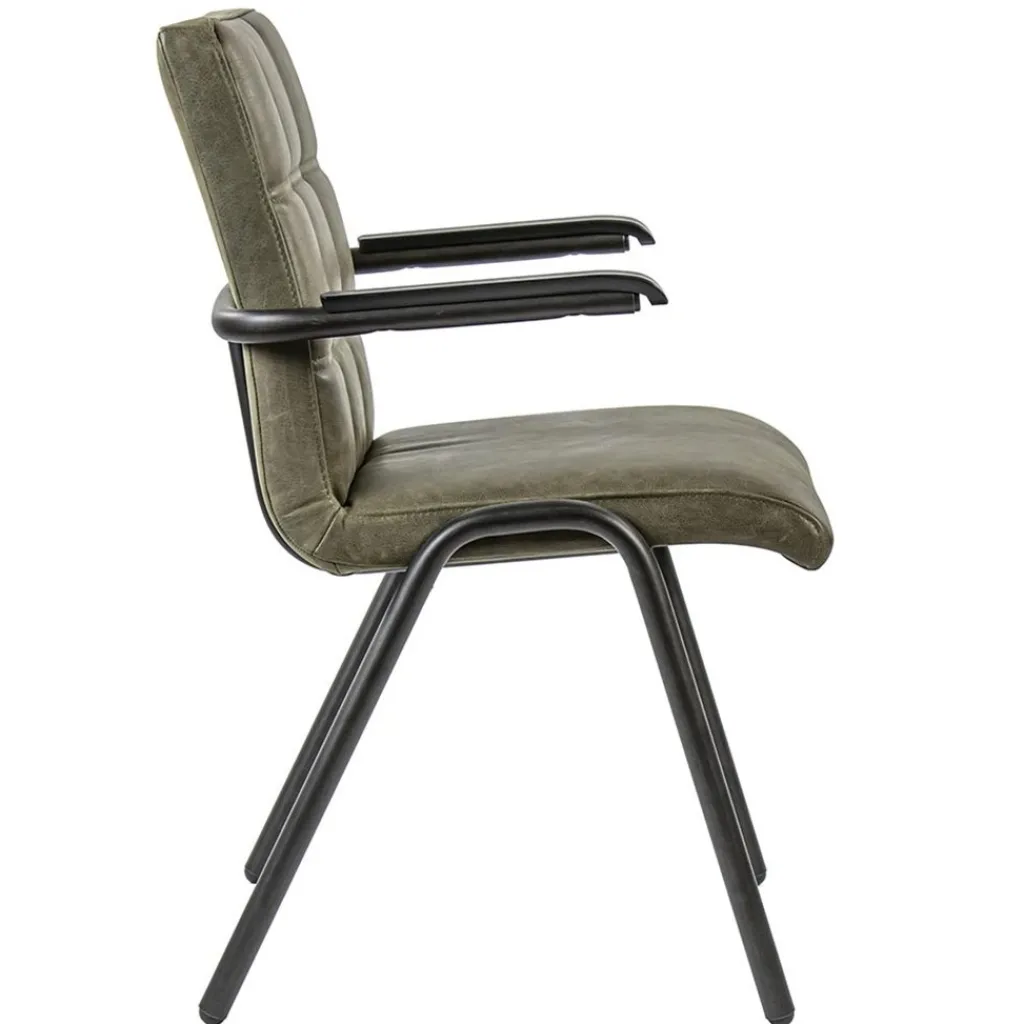 Straluma Lederen armstoel olijf groen met zwart metalen pootjes> Eetkamerstoelen