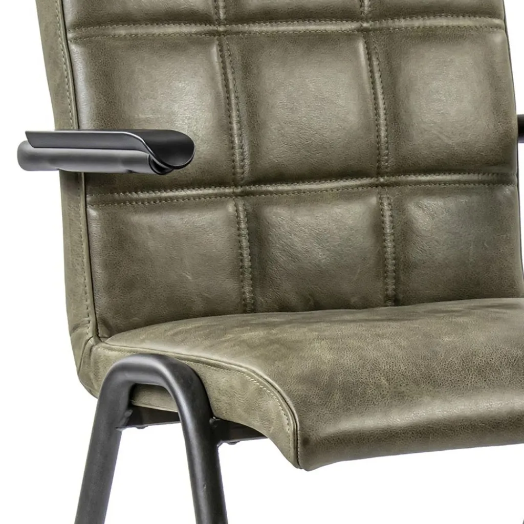 Straluma Lederen armstoel olijf groen met zwart metalen pootjes> Eetkamerstoelen