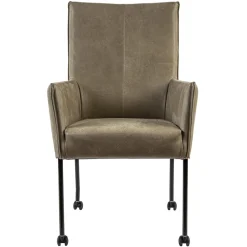Straluma Lederen armstoel taupe met zwarte poot en wieltjes> Eetkamerstoelen