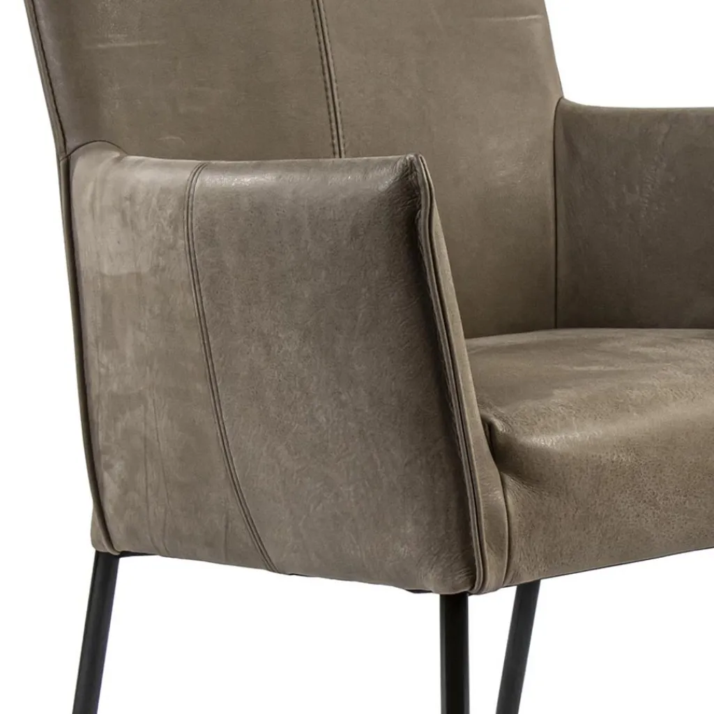 Straluma Lederen armstoel taupe met zwarte poot en wieltjes> Eetkamerstoelen