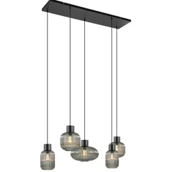 Straluma 5-Lichts eettafelhanglamp geribbeld smoke glas met zwart> Eettafellampen|Eetkamerverlichting