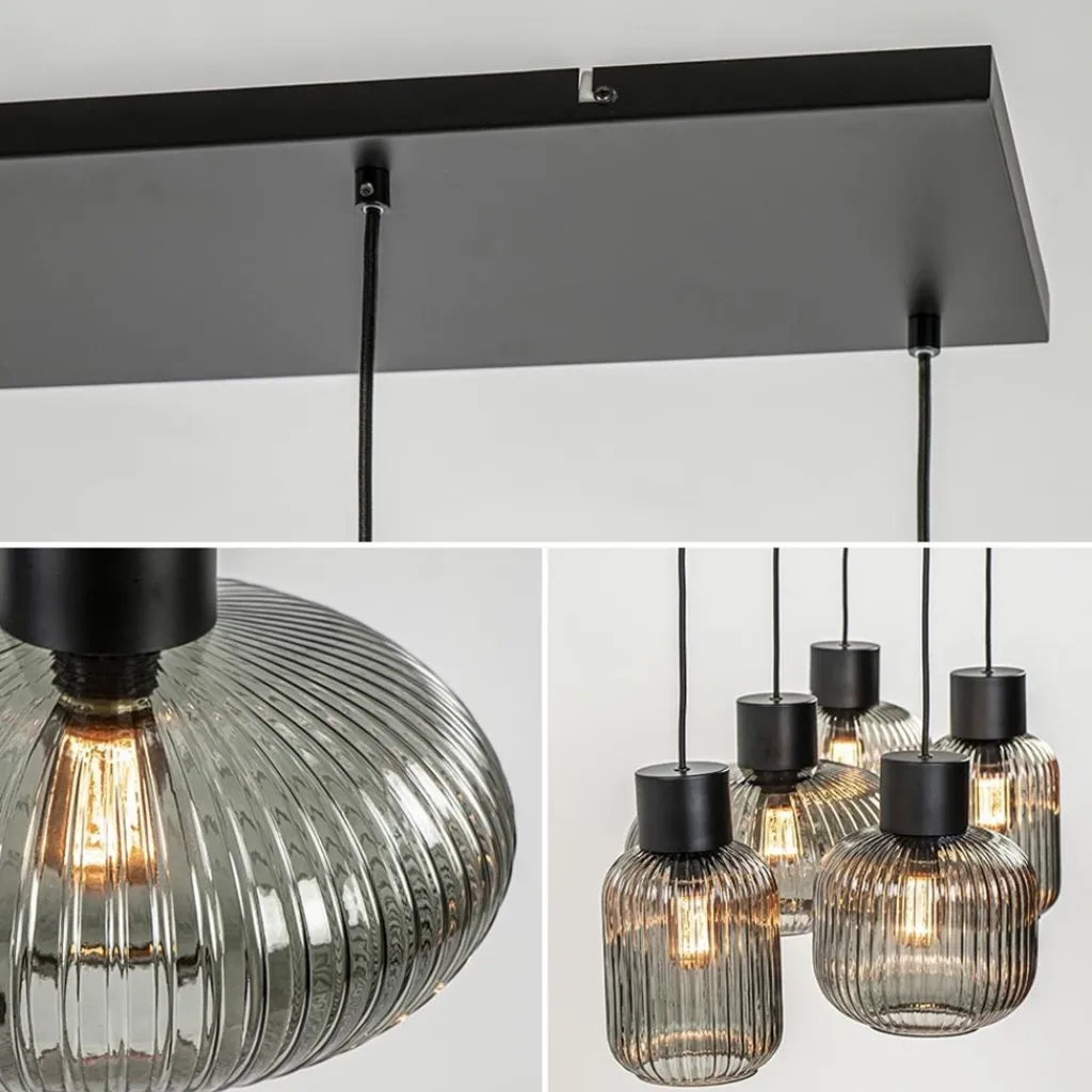 Straluma 5-Lichts eettafelhanglamp geribbeld smoke glas met zwart> Eettafellampen|Eetkamerverlichting