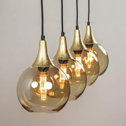 Straluma 4-Lichts eettafelhanglamp zwart/goud met amber glazen bollen> Eettafellampen|Pendel Lampen