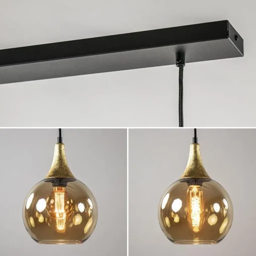 Straluma 4-Lichts eettafelhanglamp zwart/goud met amber glazen bollen> Eettafellampen|Pendel Lampen