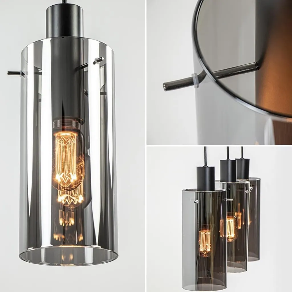 Straluma 3-Lichts eettafelhanglamp zwart met cilinder smoke glas> Eettafellampen|Pendel Lampen