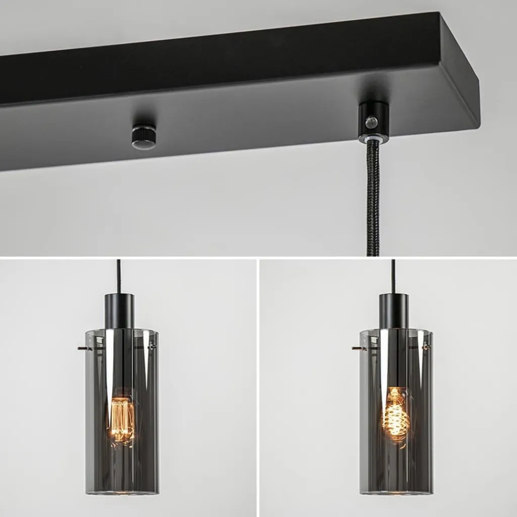 Straluma 3-Lichts eettafelhanglamp zwart met cilinder smoke glas> Eettafellampen|Pendel Lampen