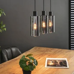 Straluma 3-Lichts eettafelhanglamp zwart met cilinder smoke glas><noscript><img width=