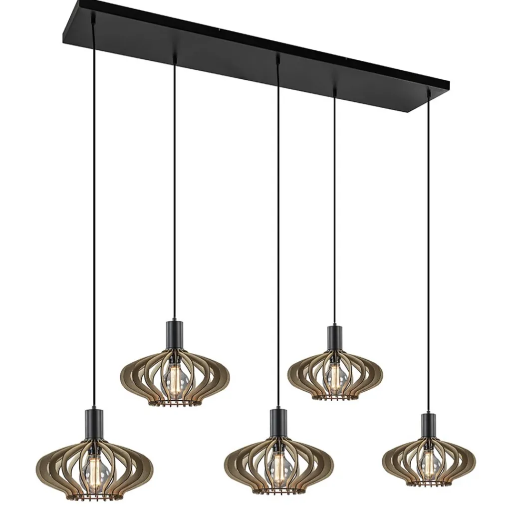 Straluma 5-Lichts hanglamp zwart met naturel houten kappen> Eettafellampen|Keukenverlichting