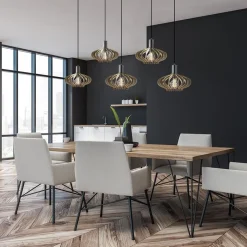 Straluma 5-Lichts hanglamp zwart met naturel houten kappen><noscript><img width=