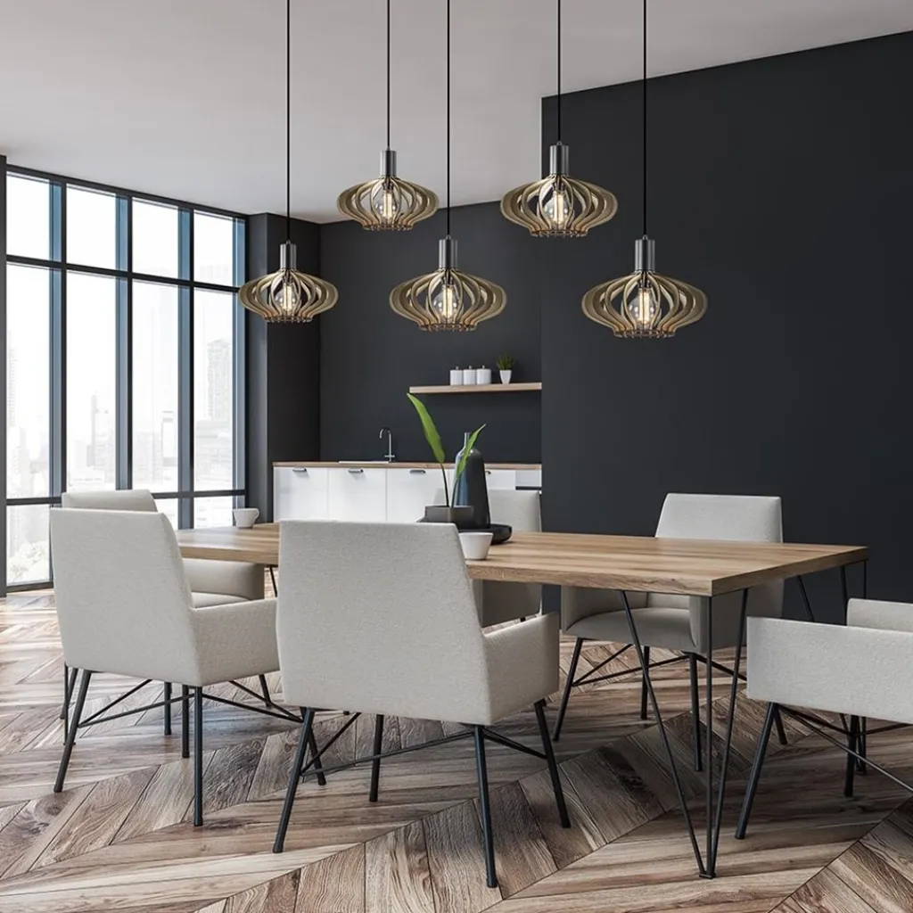 Straluma 5-Lichts hanglamp zwart met naturel houten kappen> Eettafellampen|Keukenverlichting