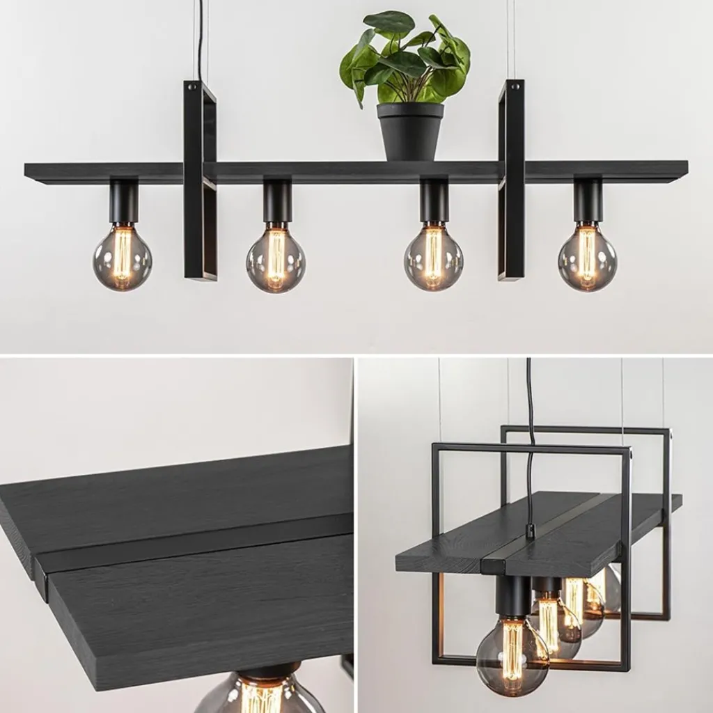 Straluma 4-Lichts hanglamp zwart met zwarte houten planken> Eettafellampen|Eetkamerverlichting