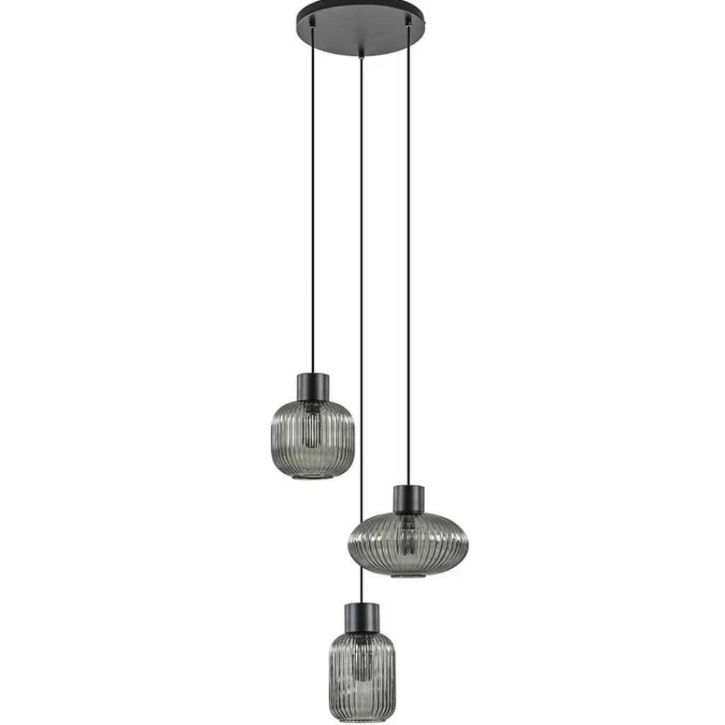 Straluma 3-Lichts ronde eettafelhanglamp zwart met smoke glas> Eettafellampen|Pendel Lampen