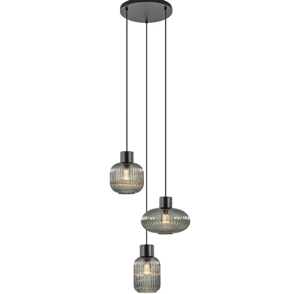 Straluma 3-Lichts ronde eettafelhanglamp zwart met smoke glas> Eettafellampen|Pendel Lampen