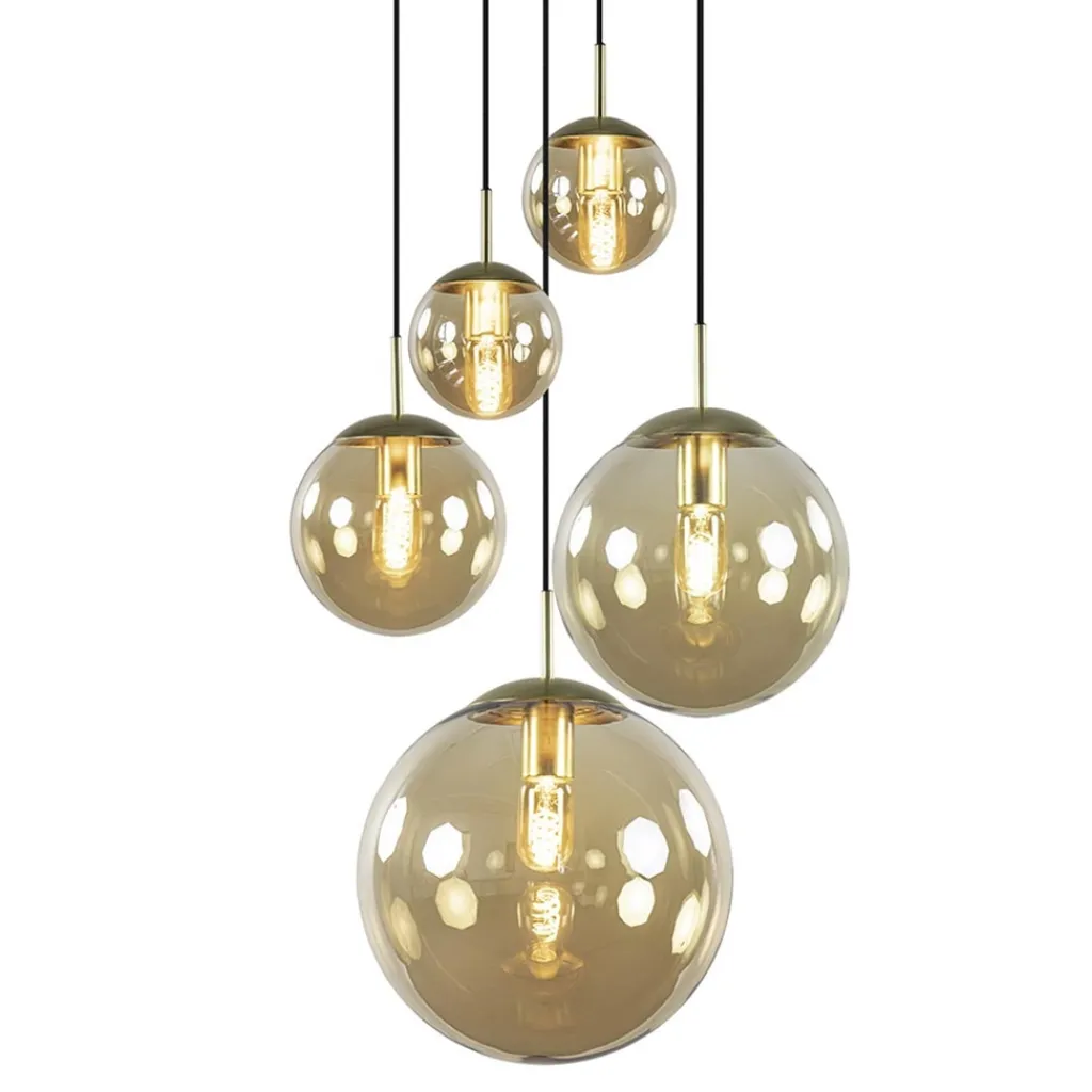 Straluma Luxe 5-lichts videlamp messing met amber glazen bollen> Eettafellampen|Videverlichting