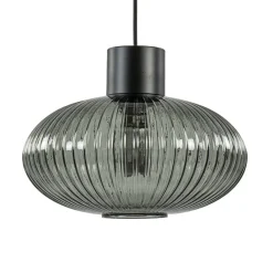 Straluma Mat zwarte hanglamp met geribbeld smoke glas ovaal> Woonkamerlampen|Slaapkamerlampen