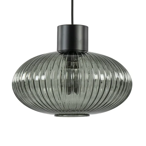 Straluma Mat zwarte hanglamp met geribbeld smoke glas ovaal> Woonkamerlampen|Slaapkamerlampen
