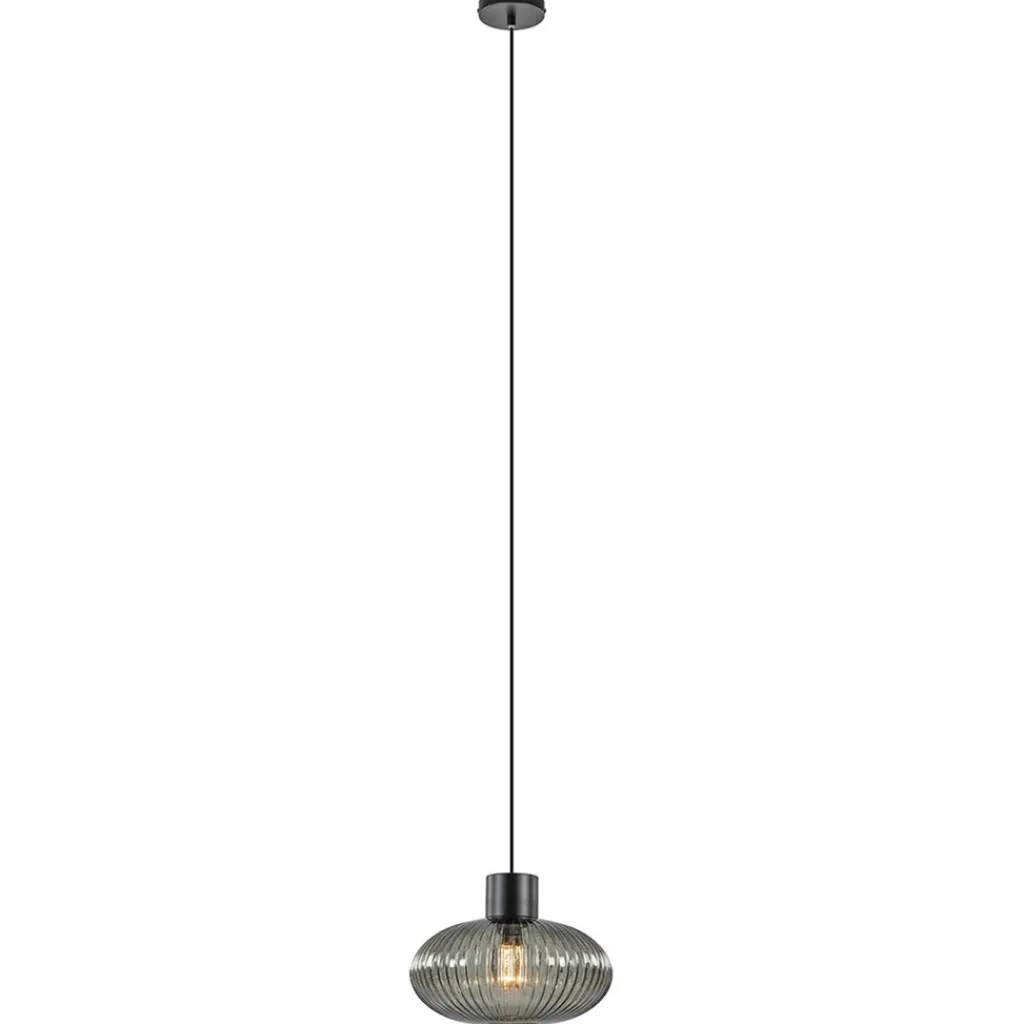 Straluma Mat zwarte hanglamp met geribbeld smoke glas ovaal> Woonkamerlampen|Slaapkamerlampen