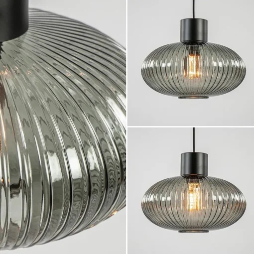Straluma Mat zwarte hanglamp met geribbeld smoke glas ovaal> Woonkamerlampen|Slaapkamerlampen