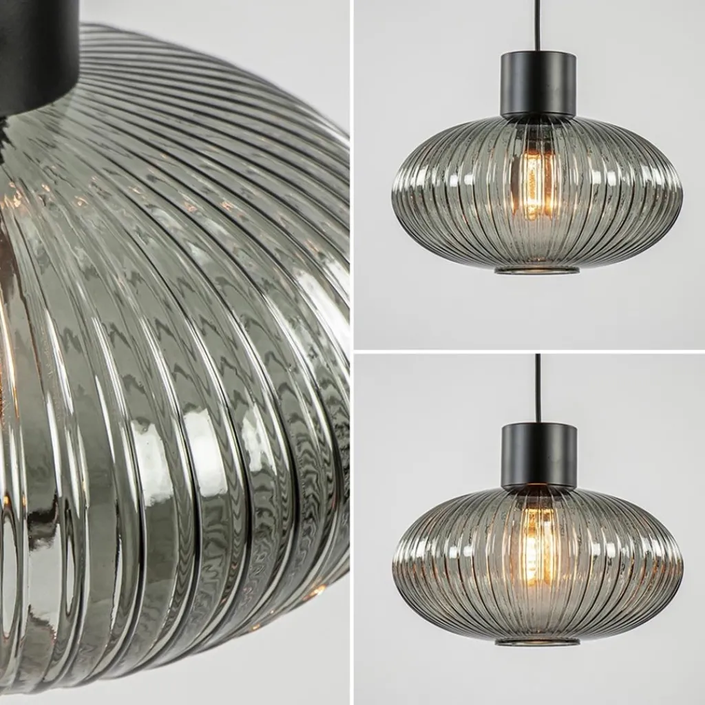 Straluma Mat zwarte hanglamp met geribbeld smoke glas ovaal> Woonkamerlampen|Slaapkamerlampen