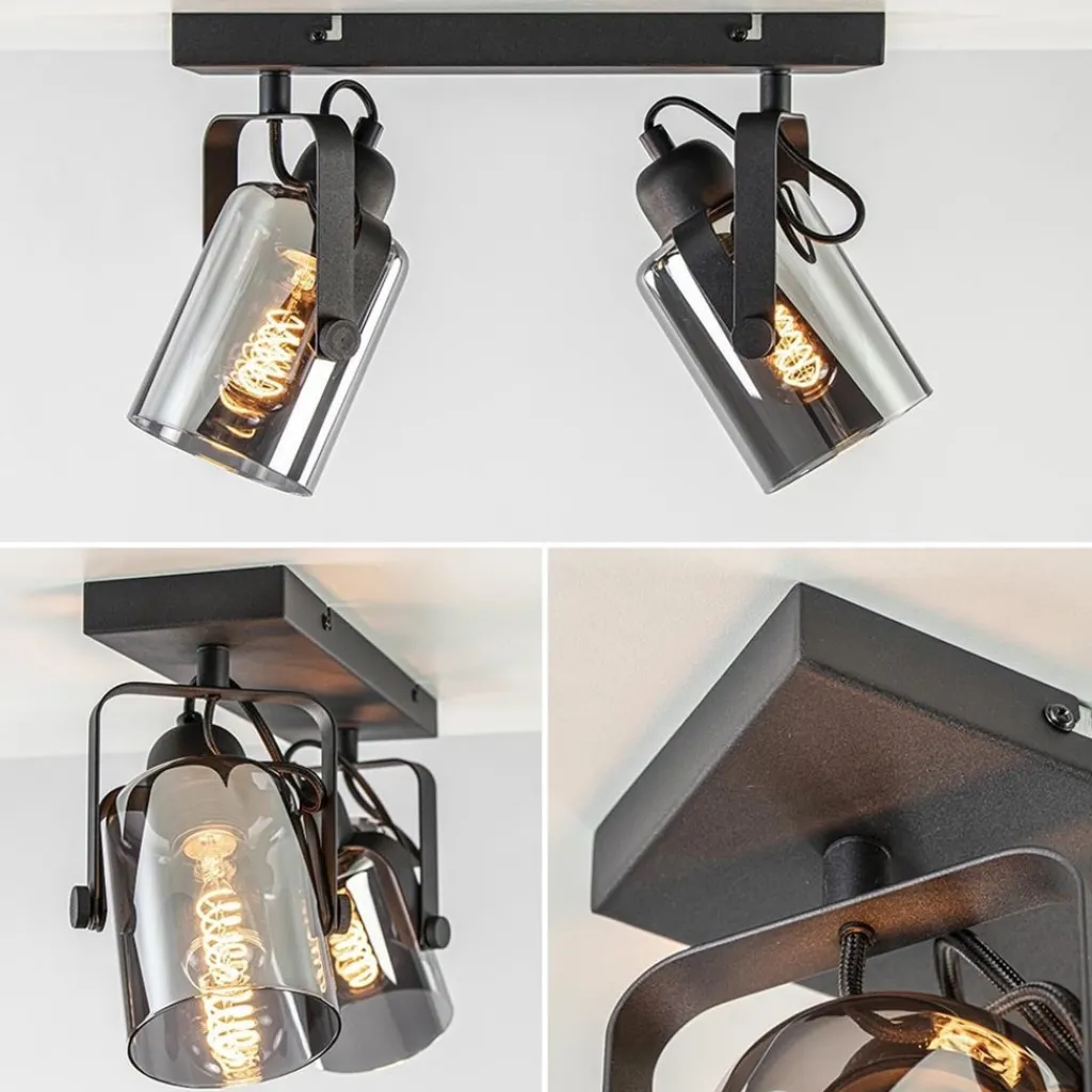 Straluma Mat zwarte 2-lichts plafondlamp met smoke glas> Woonkamerlampen|Slaapkamerlampen