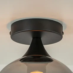 Straluma Mat zwarte plafondlamp met smoke glazen bol klein><noscript><img width=