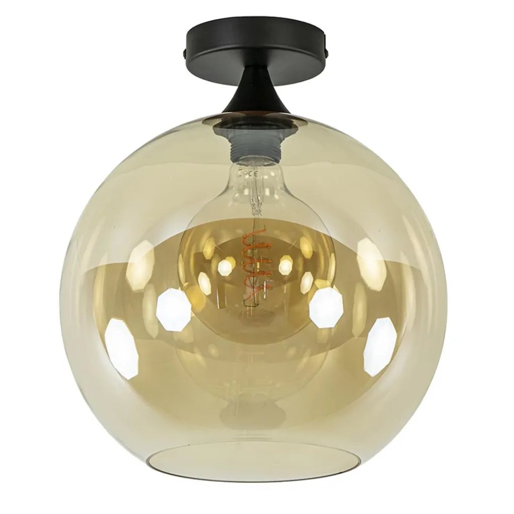 Straluma Mat zwarte plafondlamp met amber glazen bol 30 cm> Plafondlampen|Klassieke Verlichting