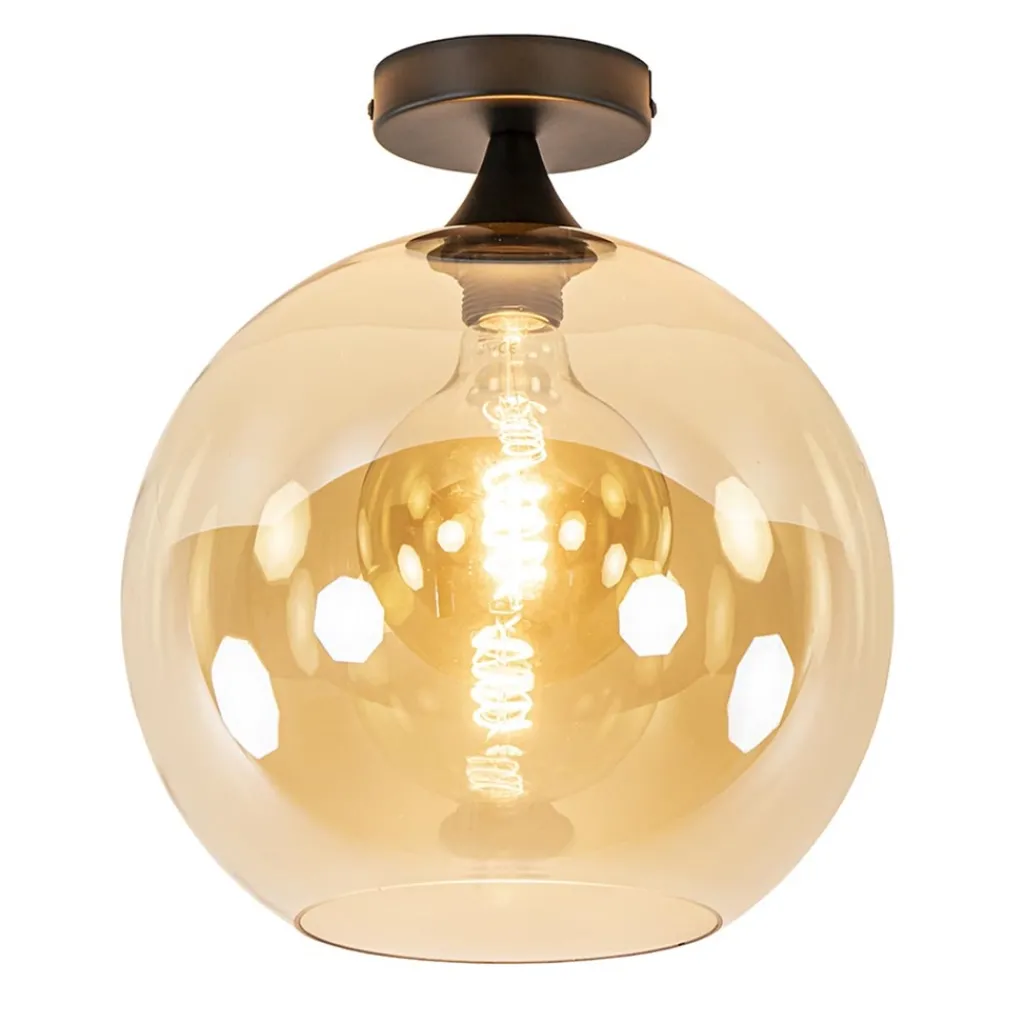Straluma Mat zwarte plafondlamp met amber glazen bol 30 cm> Plafondlampen|Klassieke Verlichting