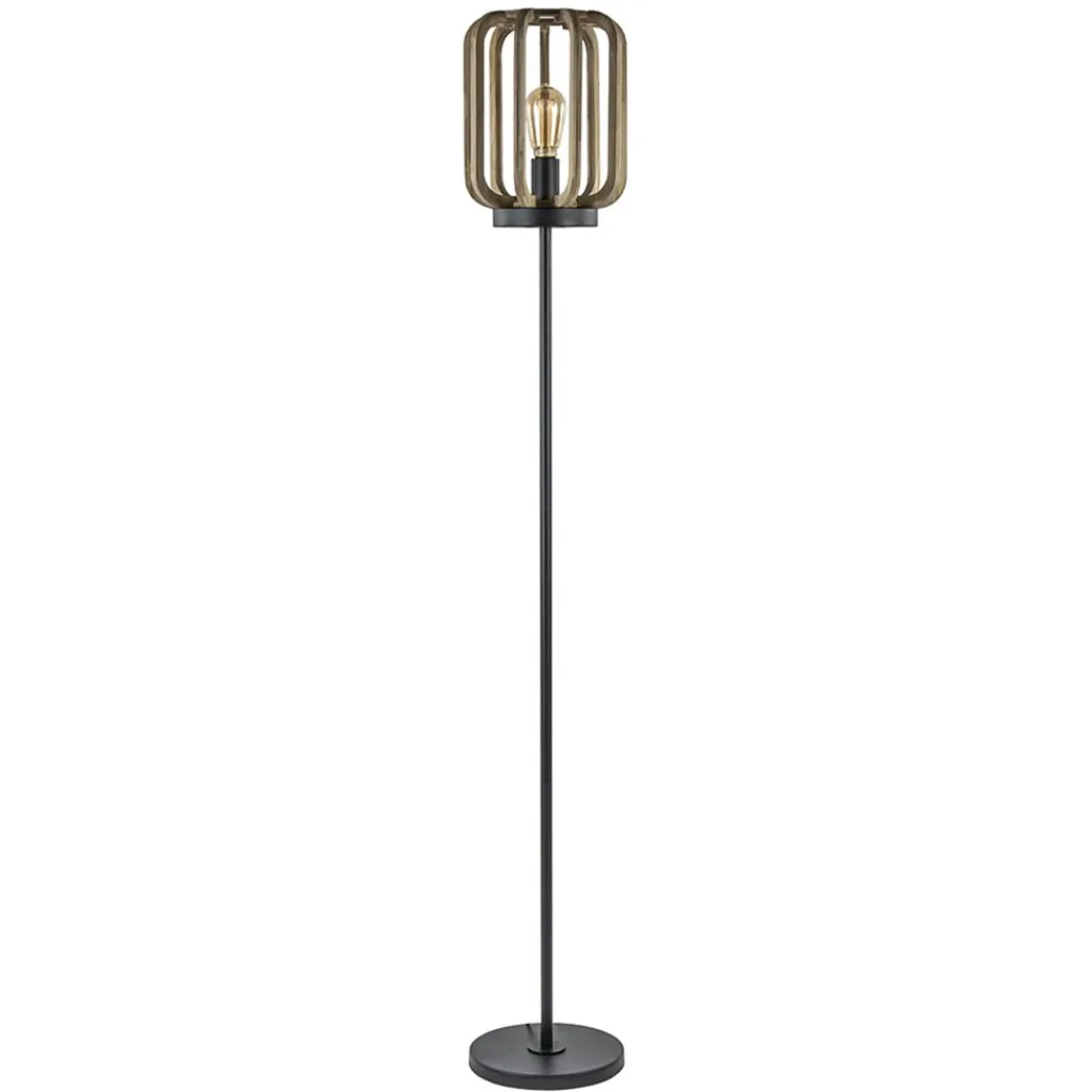Straluma Mat zwarte vloerlamp met ruwe houten kap> Kooilampen|Woonkamerlampen