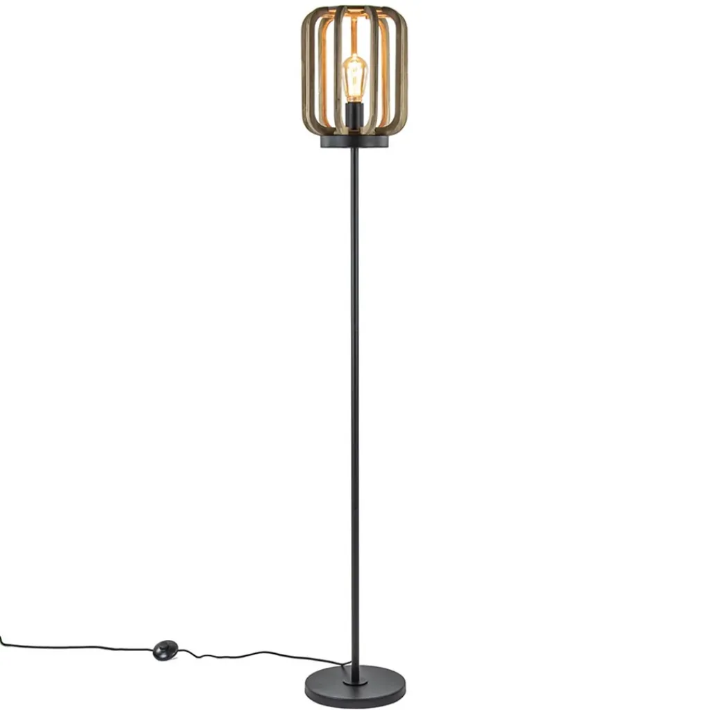Straluma Mat zwarte vloerlamp met ruwe houten kap> Kooilampen|Woonkamerlampen