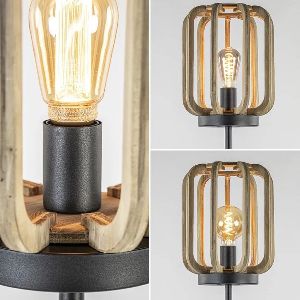 Straluma Mat zwarte vloerlamp met ruwe houten kap> Kooilampen|Woonkamerlampen