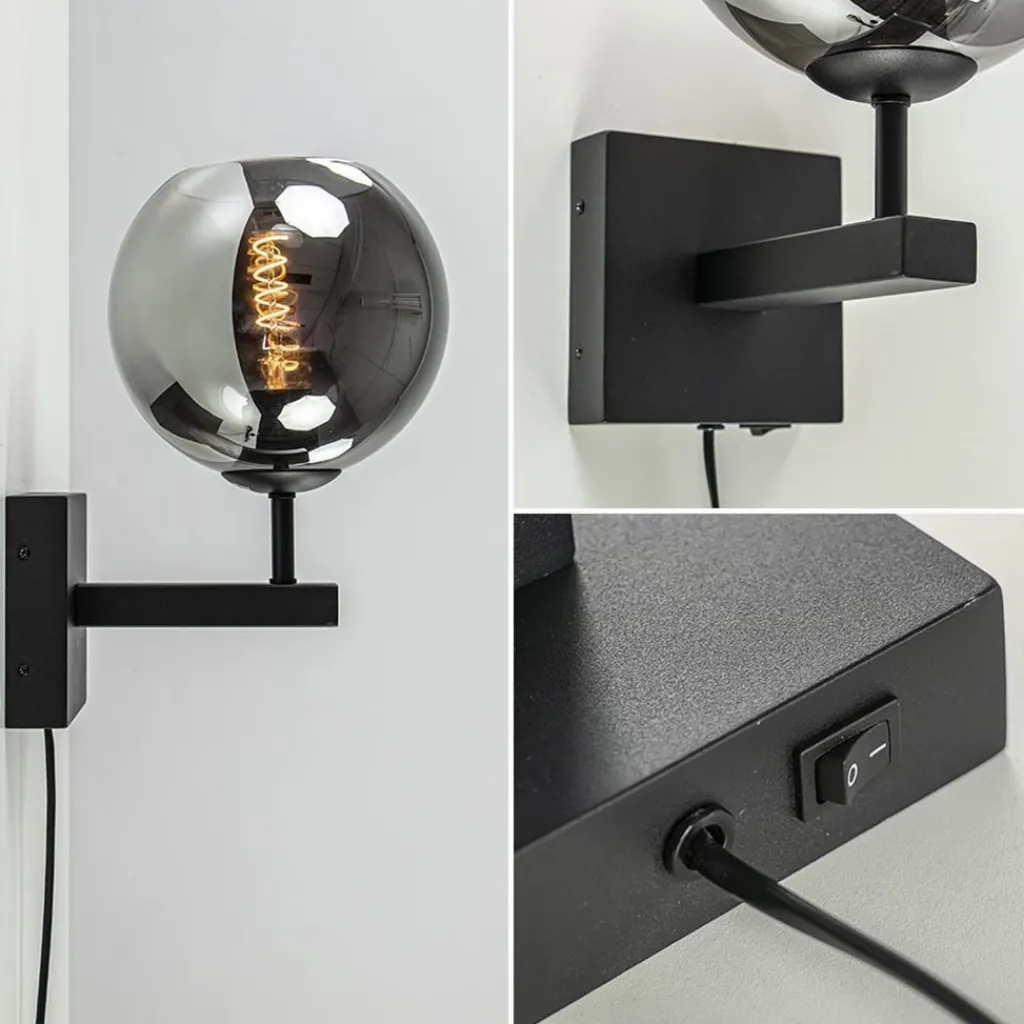 Straluma Mat zwarte wandlamp met smoke glazen bol 20 cm> Wandlampen