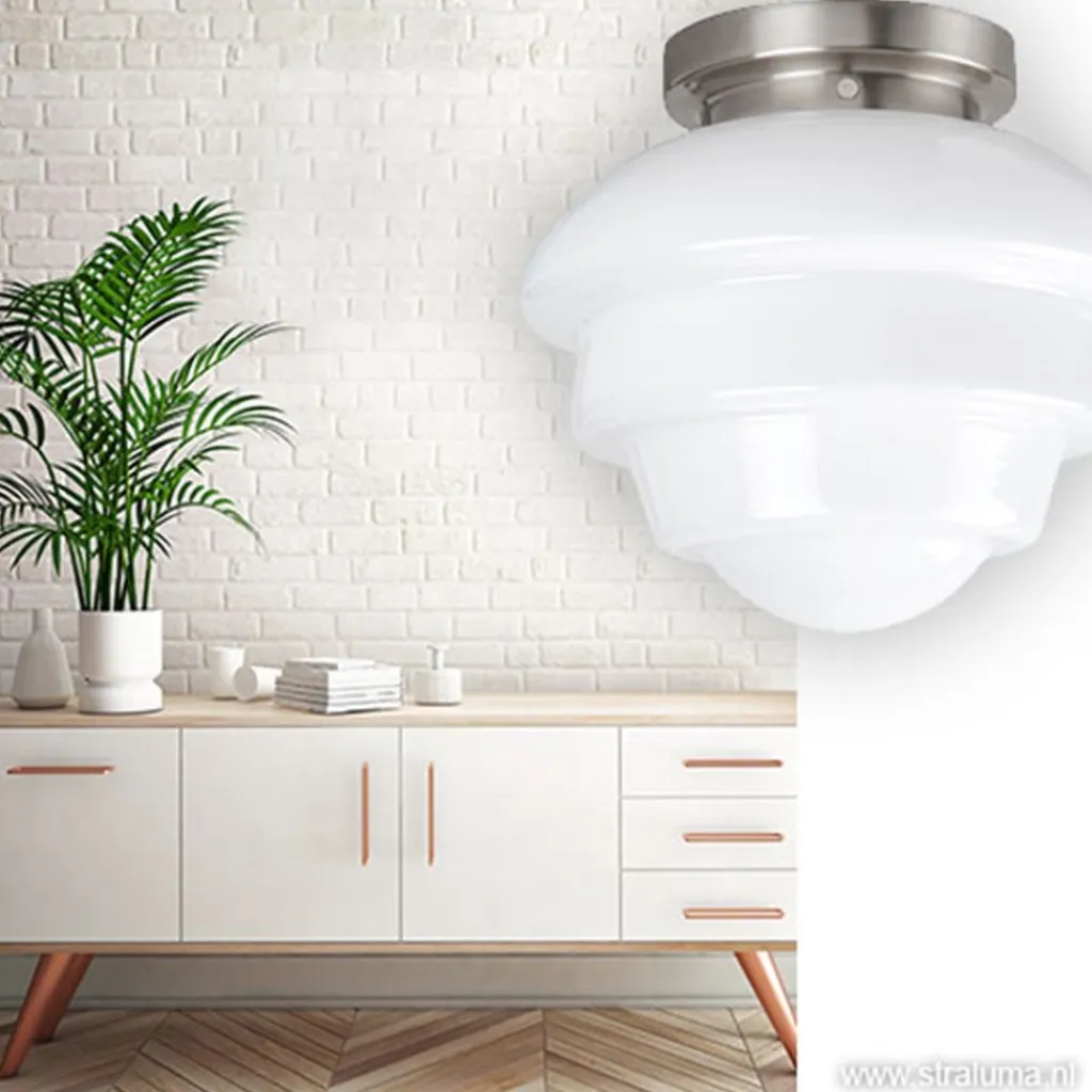 Straluma Plafondl. nikkel wit glas, keuken-hal> Plafonnières|Woonkamerlampen