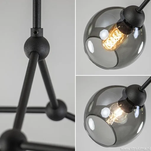 Straluma Plafondlamp 4-armen zwart+smoke bolglas> Keukenverlichting|Eetkamerverlichting